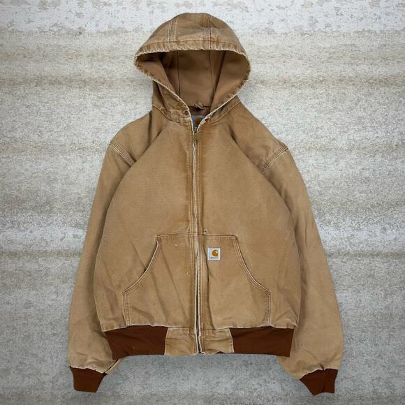Vintage Carhartt Jacket Tan Cotton Canvas Mesh Lined Union Made in USA Hood 90s